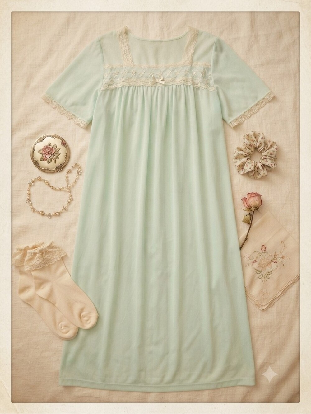 Vintage Amanda Stewart Blue Green Short Sleeve Square Neckline Nightgown